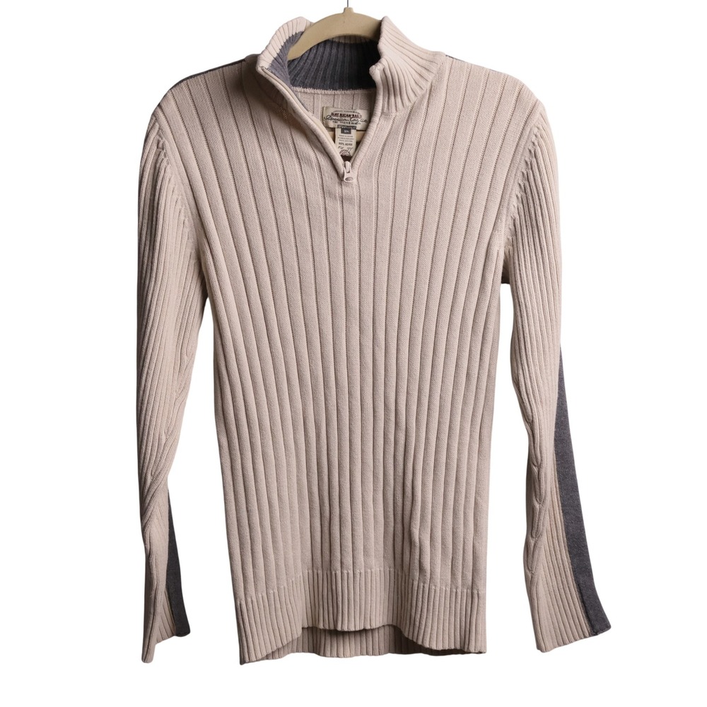 VTG Y2K Mens 1/4 Zip Cream Sweater Heavy Cotton Ribbed Gray Stripes M Muscle 90s